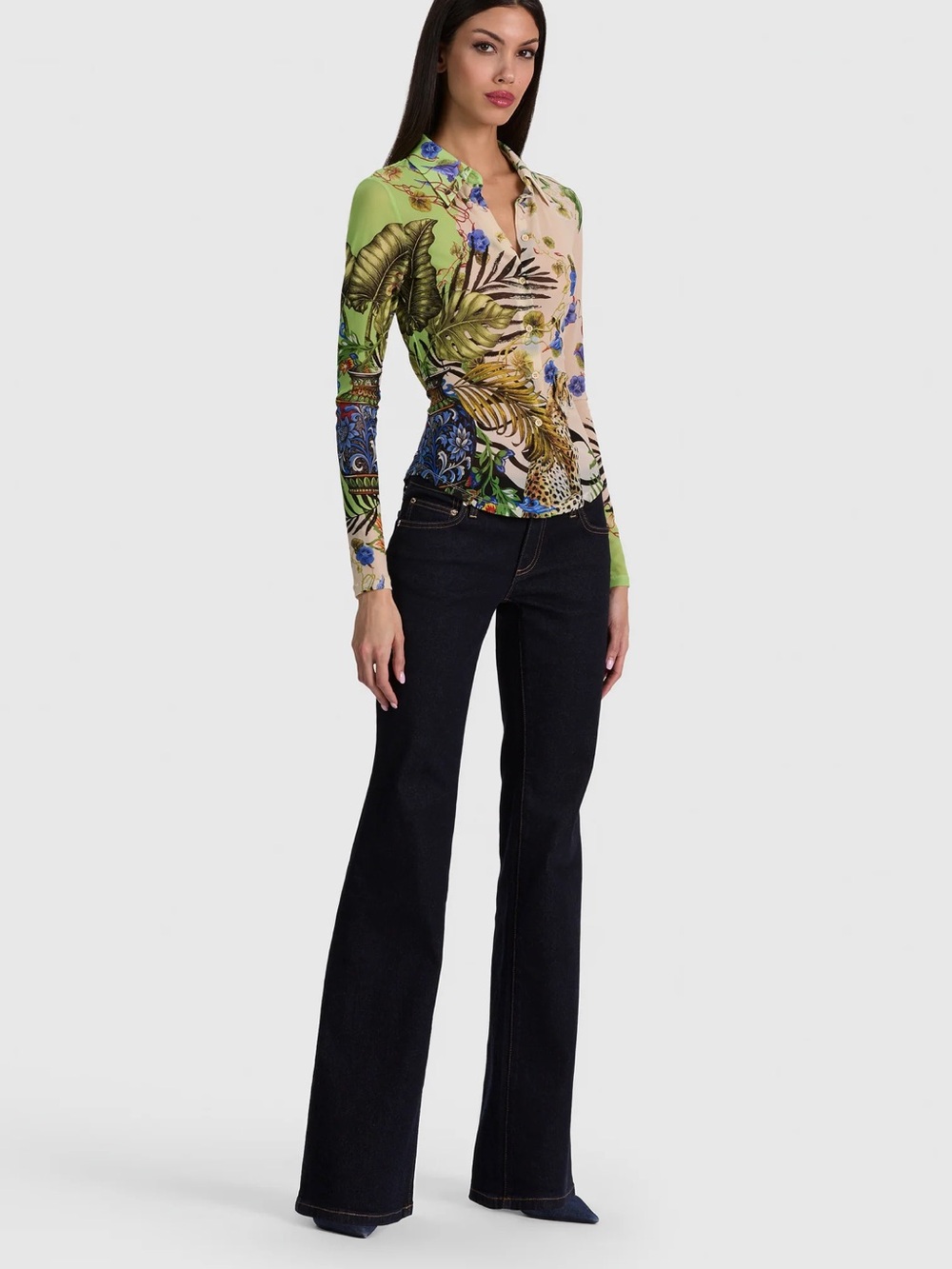 Alice + Olivia Jade mesh button front shirt  in Riviera Citrus
